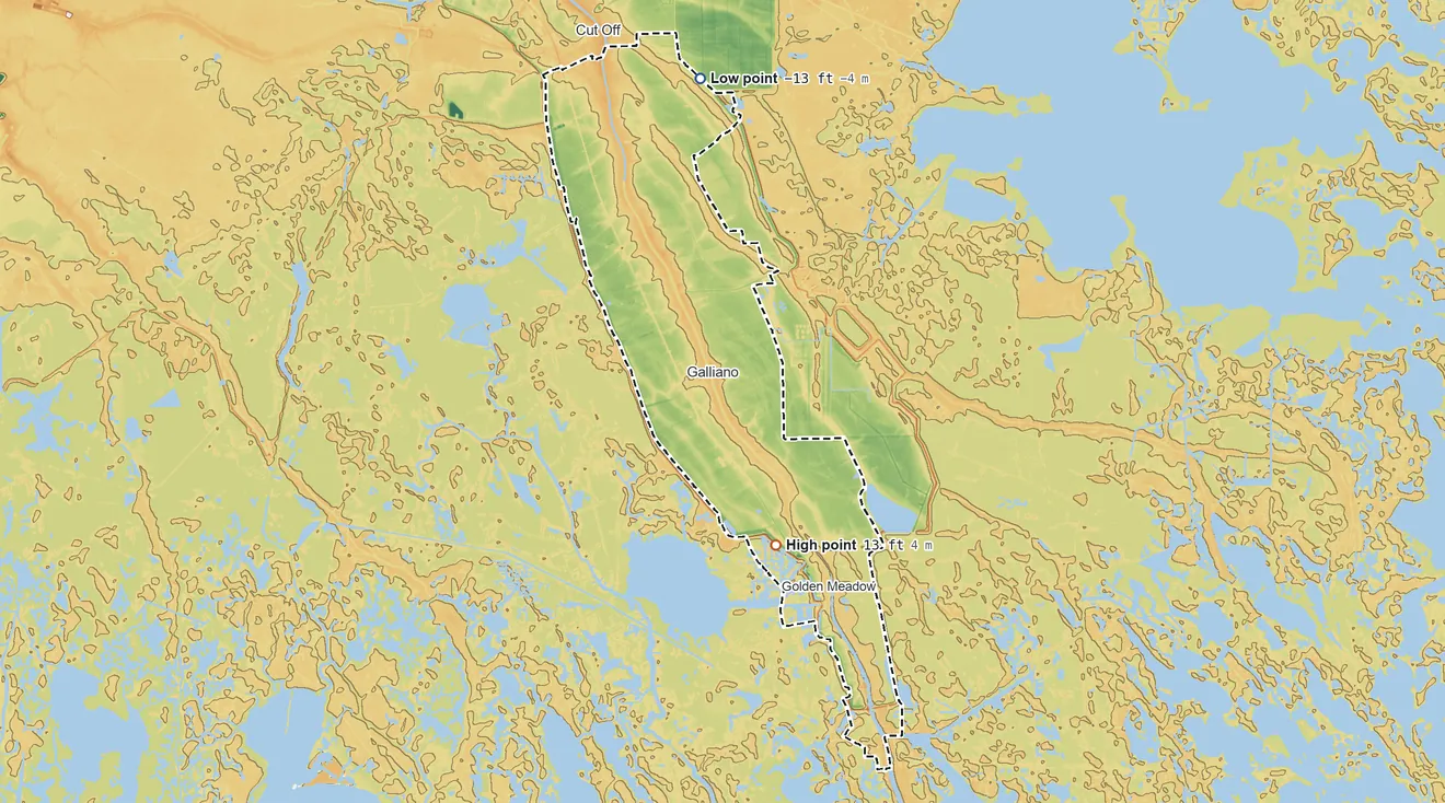 Topographic elevation map of Bayou Lafourche SDTSA, Louisiana, shaded from 13 ft below sea level on the north side to 13 ft on the south side