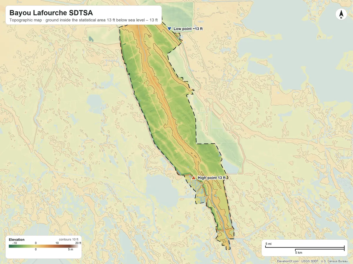 Topographic elevation map of Bayou Lafourche SDTSA, Louisiana, shaded from 13 ft below sea level on the north side to 13 ft on the south side