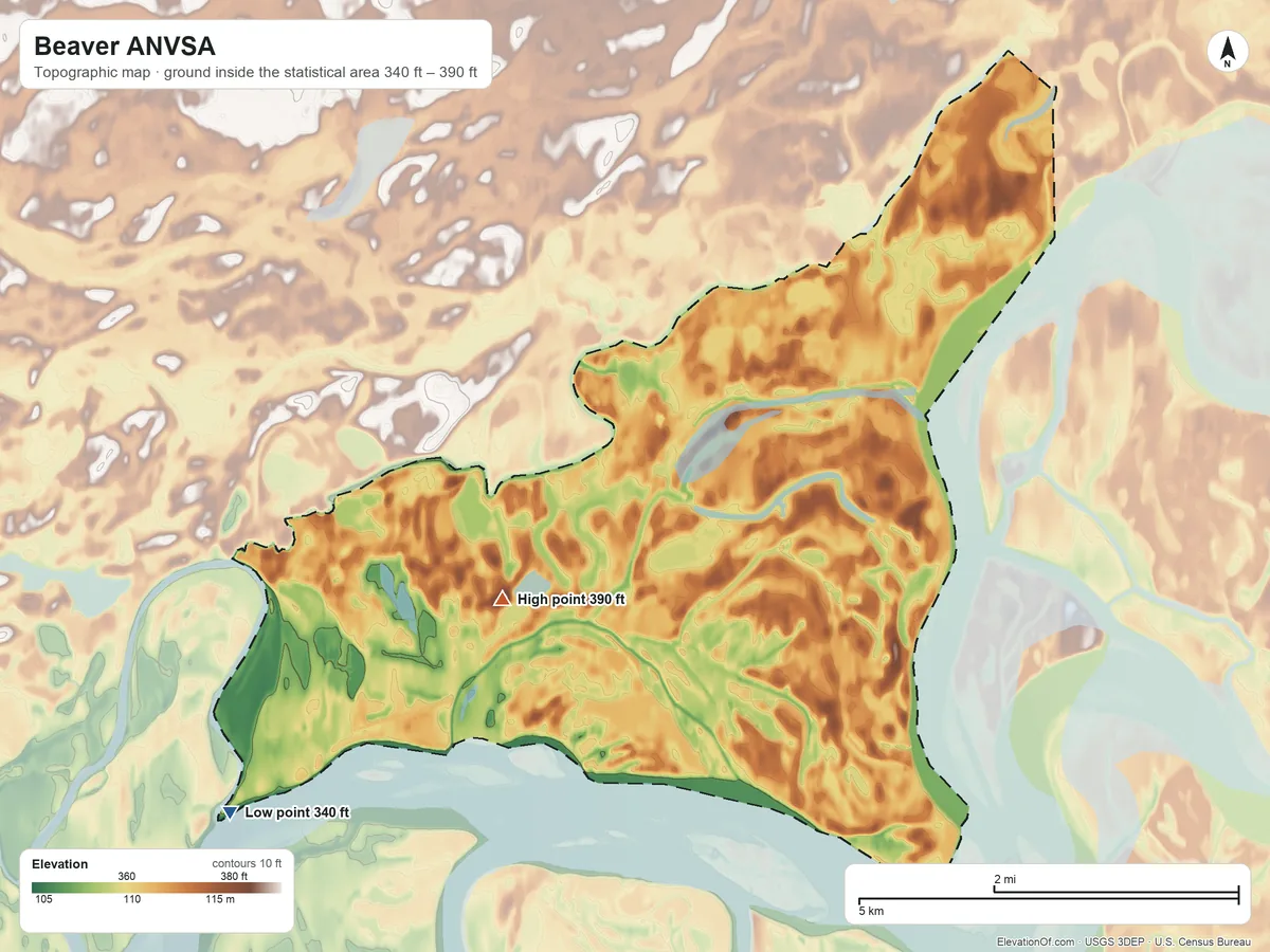 Topographic elevation map of Beaver ANVSA, Alaska, shaded from 340 ft on the southwest side to 390 ft on the southwest side