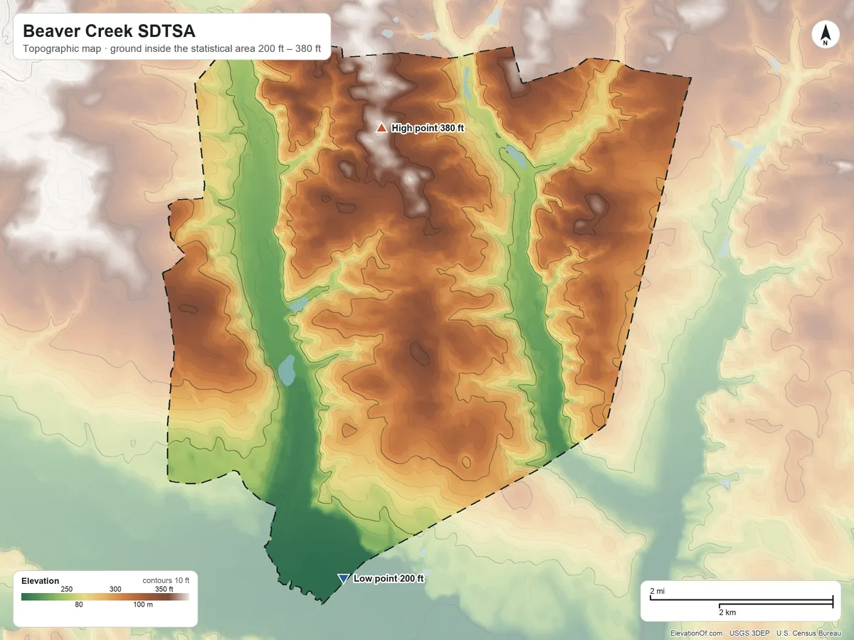Topographic elevation map of Beaver Creek SDTSA, South Carolina, shaded from 200 ft on the south side to 380 ft on the north side
