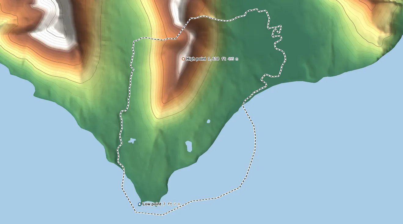Topographic elevation map of Belkofski ANVSA, Alaska, shaded from 7 ft on the southwest side to 1,630 ft on the north side