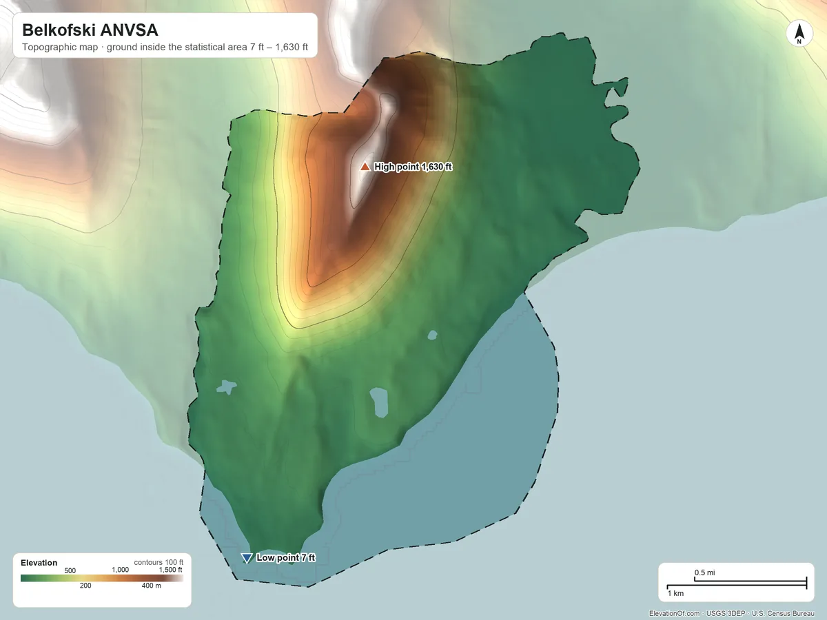 Topographic elevation map of Belkofski ANVSA, Alaska, shaded from 7 ft on the southwest side to 1,630 ft on the north side