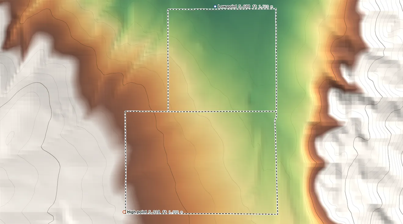 Topographic elevation map of Benton Paiute Reservation, California, shaded from 5,600 ft on the north side to 5,910 ft on the southwest side