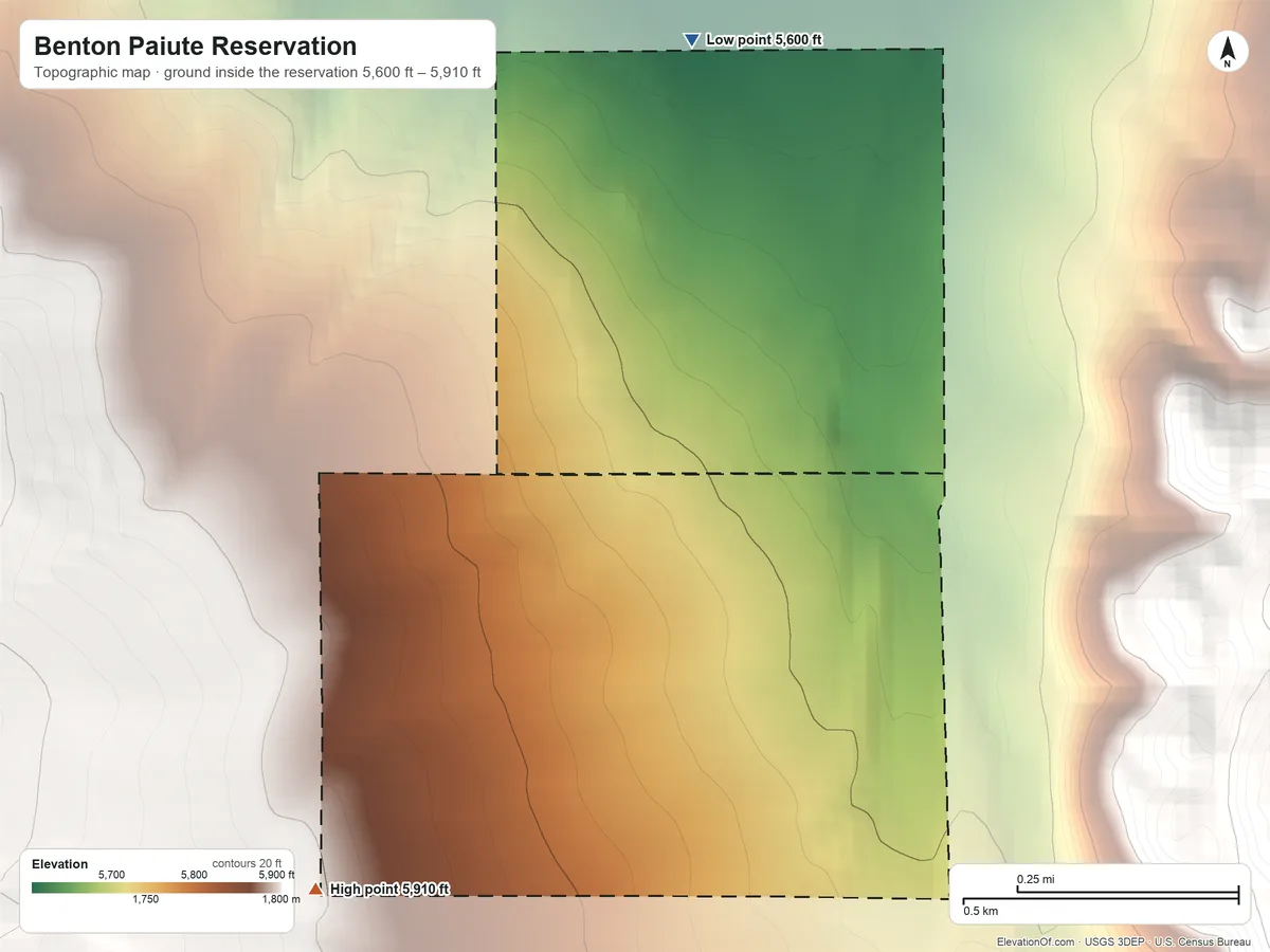 Topographic elevation map of Benton Paiute Reservation, California, shaded from 5,600 ft on the north side to 5,910 ft on the southwest side