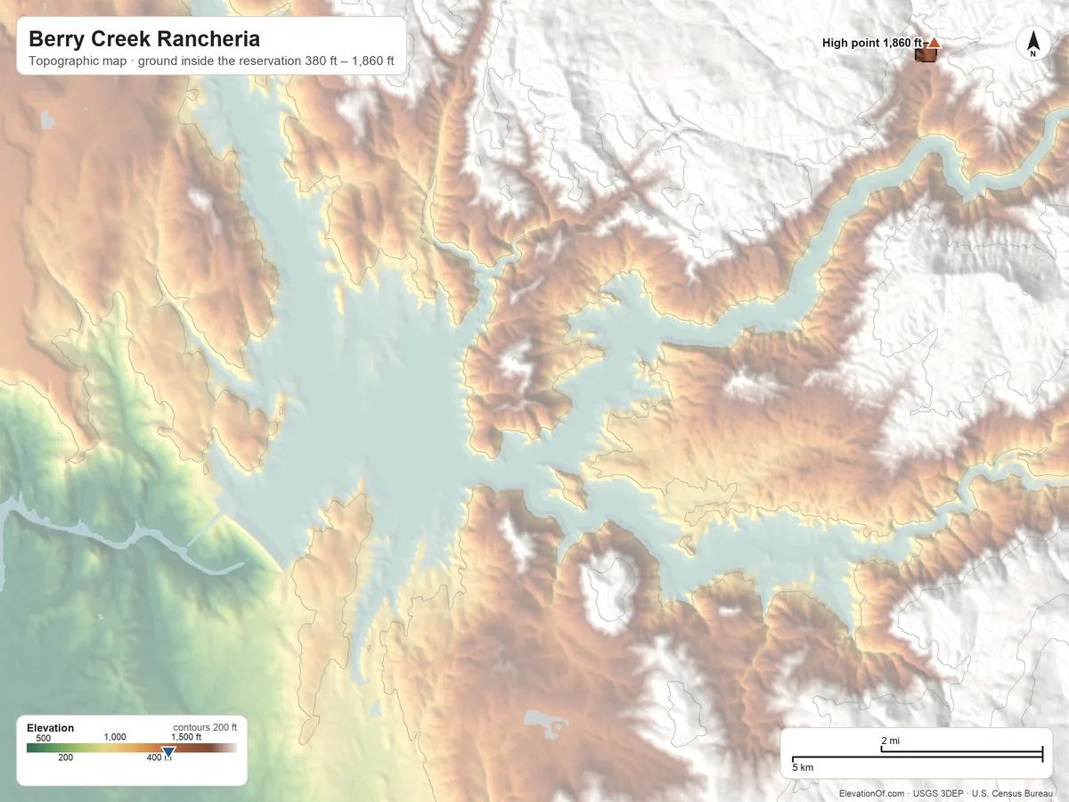 Topographic elevation map of Berry Creek Rancheria, California, shaded from 380 ft on the southwest side to 1,860 ft on the northeast side