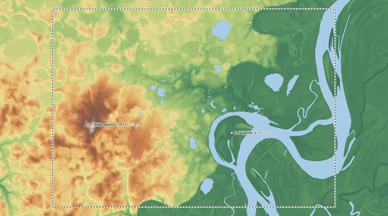 Topographic elevation map of Bethel ANVSA, Alaska, shaded from 6 ft on the southeast side to 190 ft on the west side