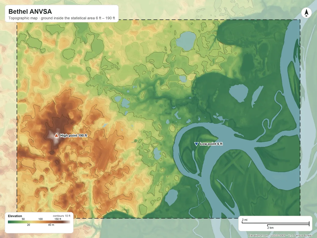 Topographic elevation map of Bethel ANVSA, Alaska, shaded from 6 ft on the southeast side to 190 ft on the west side