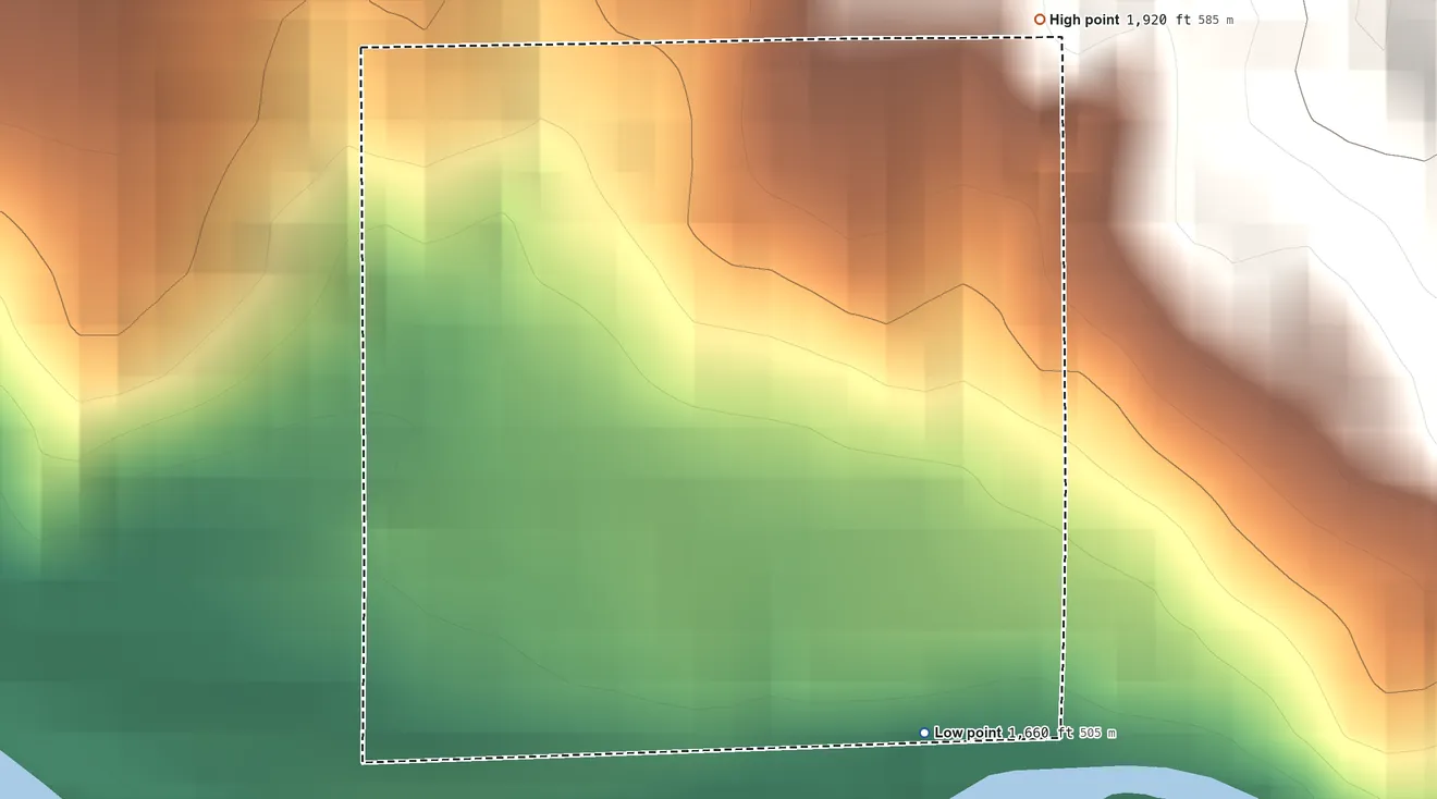 Topographic elevation map of Big Bend Rancheria, California, shaded from 1,660 ft on the southeast side to 1,920 ft on the northeast side