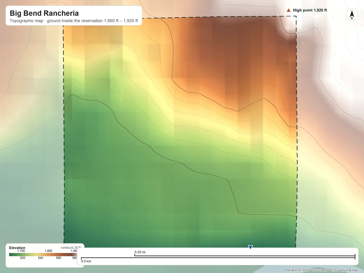 Topographic elevation map of Big Bend Rancheria, California, shaded from 1,660 ft on the southeast side to 1,920 ft on the northeast side