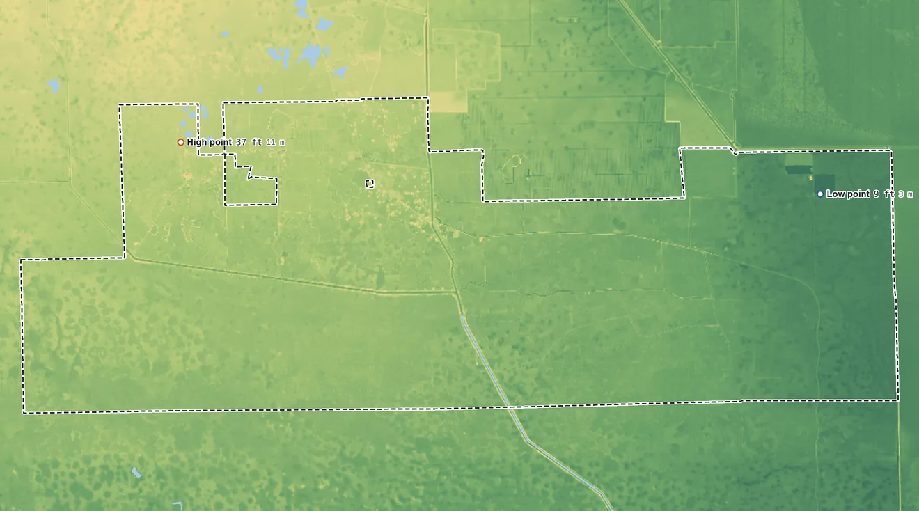 Topographic elevation map of Big Cypress Reservation, Florida, shaded from 9 ft on the east side to 37 ft on the west side