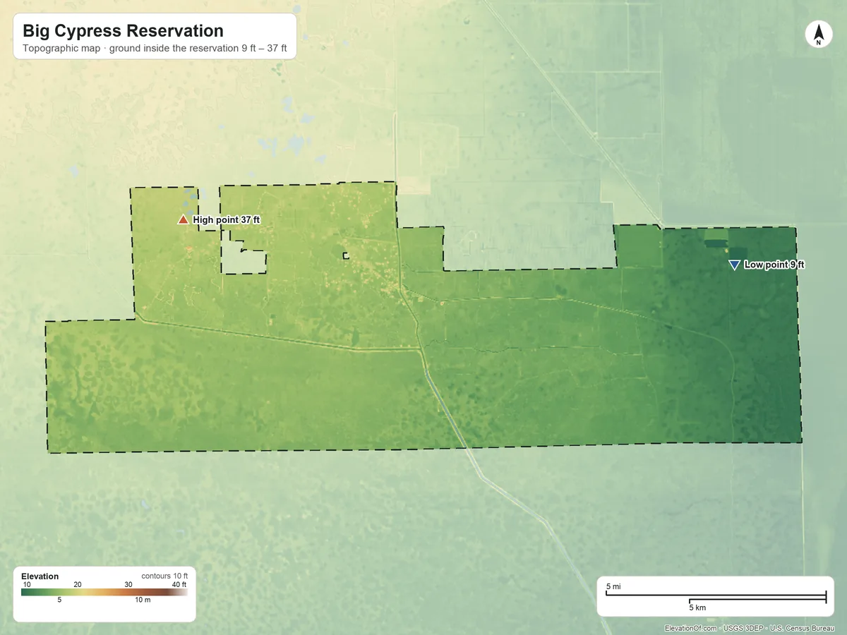 Topographic elevation map of Big Cypress Reservation, Florida, shaded from 9 ft on the east side to 37 ft on the west side