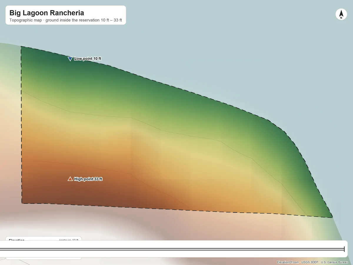 Topographic elevation map of Big Lagoon Rancheria, California, shaded from 10 ft on the northwest side to 33 ft on the southwest side