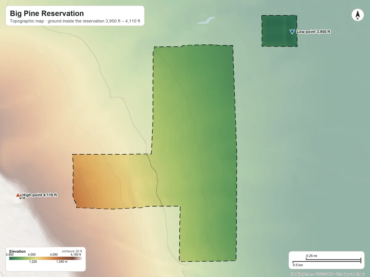 Topographic elevation map of Big Pine Reservation, California, shaded from 3,950 ft on the northeast side to 4,110 ft on the west side