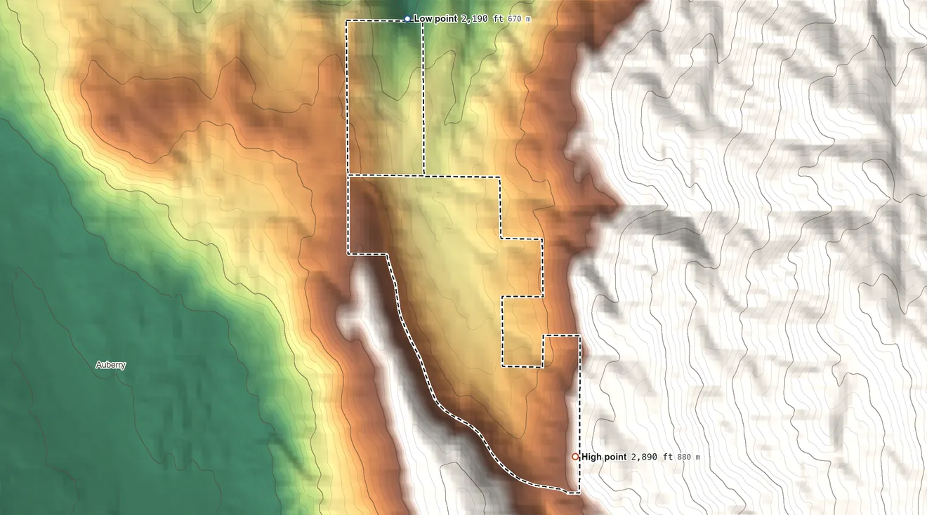Topographic elevation map of Big Sandy Rancheria, California, shaded from 2,190 ft on the north side to 2,890 ft on the southeast side