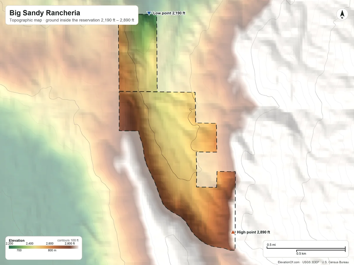 Topographic elevation map of Big Sandy Rancheria, California, shaded from 2,190 ft on the north side to 2,890 ft on the southeast side