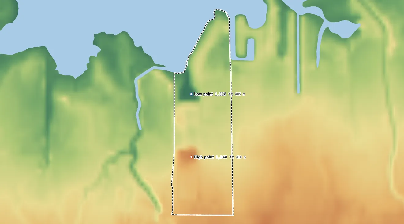 Topographic elevation map of Big Valley Rancheria, California, shaded from 1,320 ft near the middle to 1,340 ft on the south side