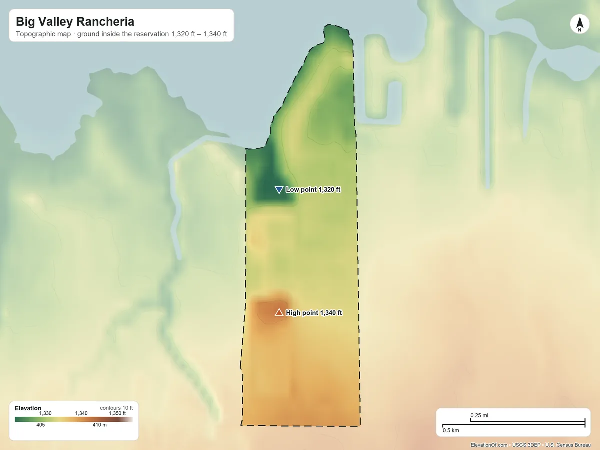 Topographic elevation map of Big Valley Rancheria, California, shaded from 1,320 ft near the middle to 1,340 ft on the south side