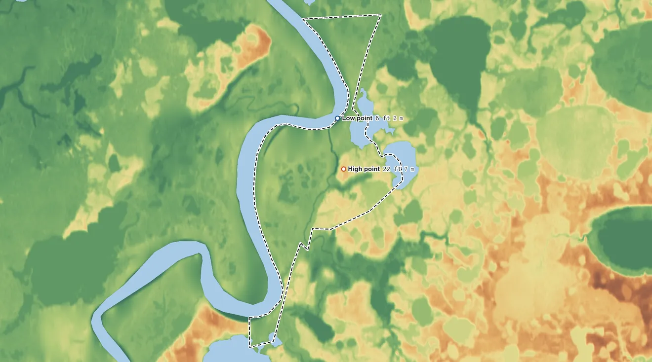 Topographic elevation map of Bill Moore's ANVSA, Alaska, shaded from 6 ft on the north side to 22 ft near the middle