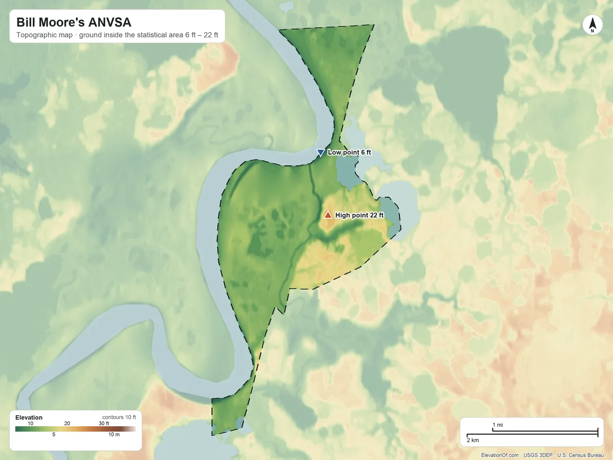 Topographic elevation map of Bill Moore's ANVSA, Alaska, shaded from 6 ft on the north side to 22 ft near the middle