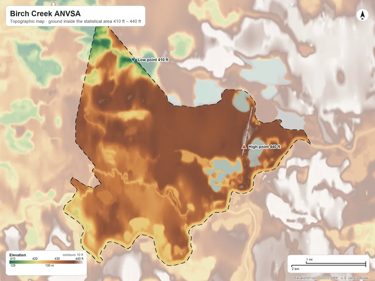 Topographic elevation map of Birch Creek ANVSA, Alaska, shaded from 410 ft on the northwest side to 440 ft on the east side
