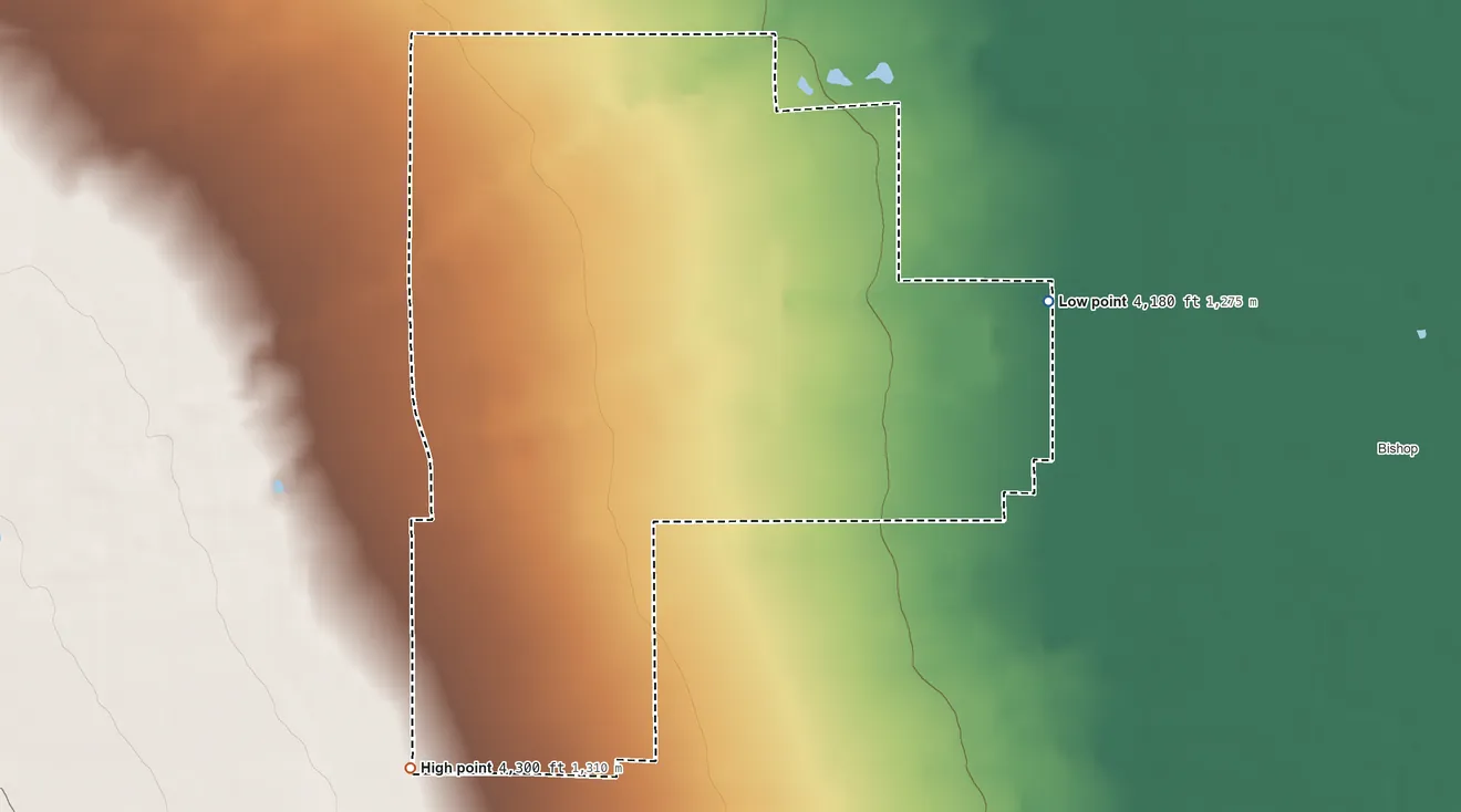 Topographic elevation map of Bishop Reservation, California, shaded from 4,180 ft on the east side to 4,300 ft on the southwest side