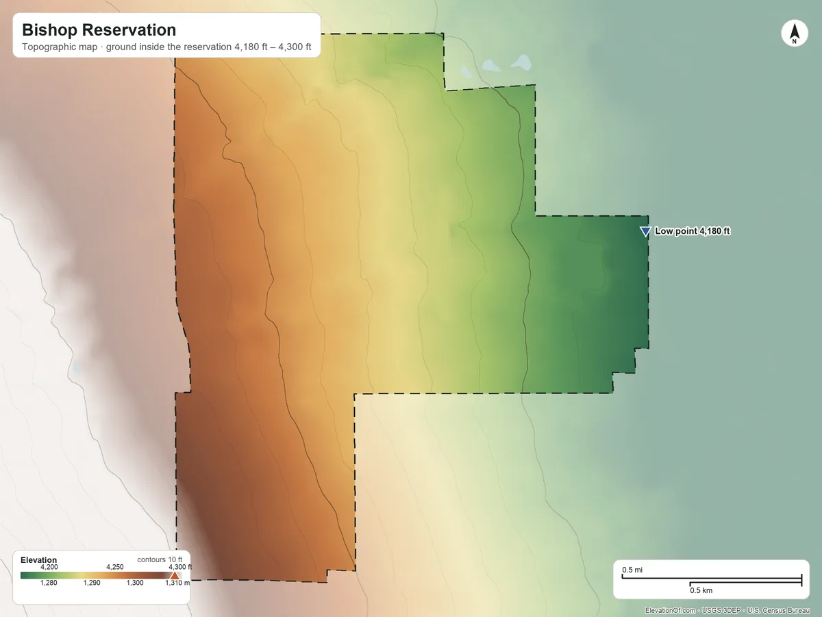 Topographic elevation map of Bishop Reservation, California, shaded from 4,180 ft on the east side to 4,300 ft on the southwest side