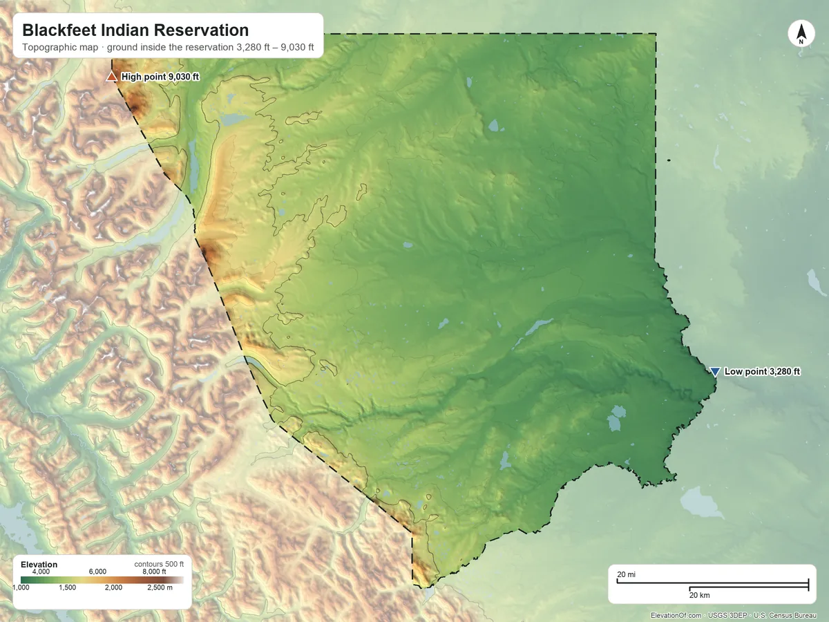 Topographic elevation map of Blackfeet Indian Reservation, Montana, shaded from 3,280 ft on the east side to 9,030 ft on Chief Mountain