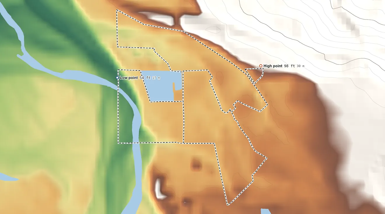 Topographic elevation map of Blue Lake Rancheria, California, shaded from 54 ft on the west side to 98 ft on the northeast side