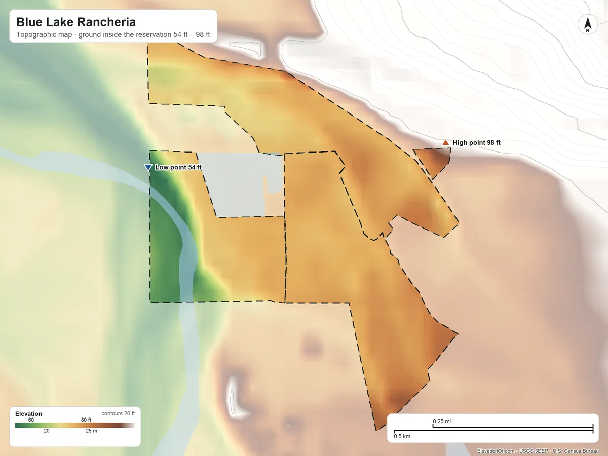 Topographic elevation map of Blue Lake Rancheria, California, shaded from 54 ft on the west side to 98 ft on the northeast side