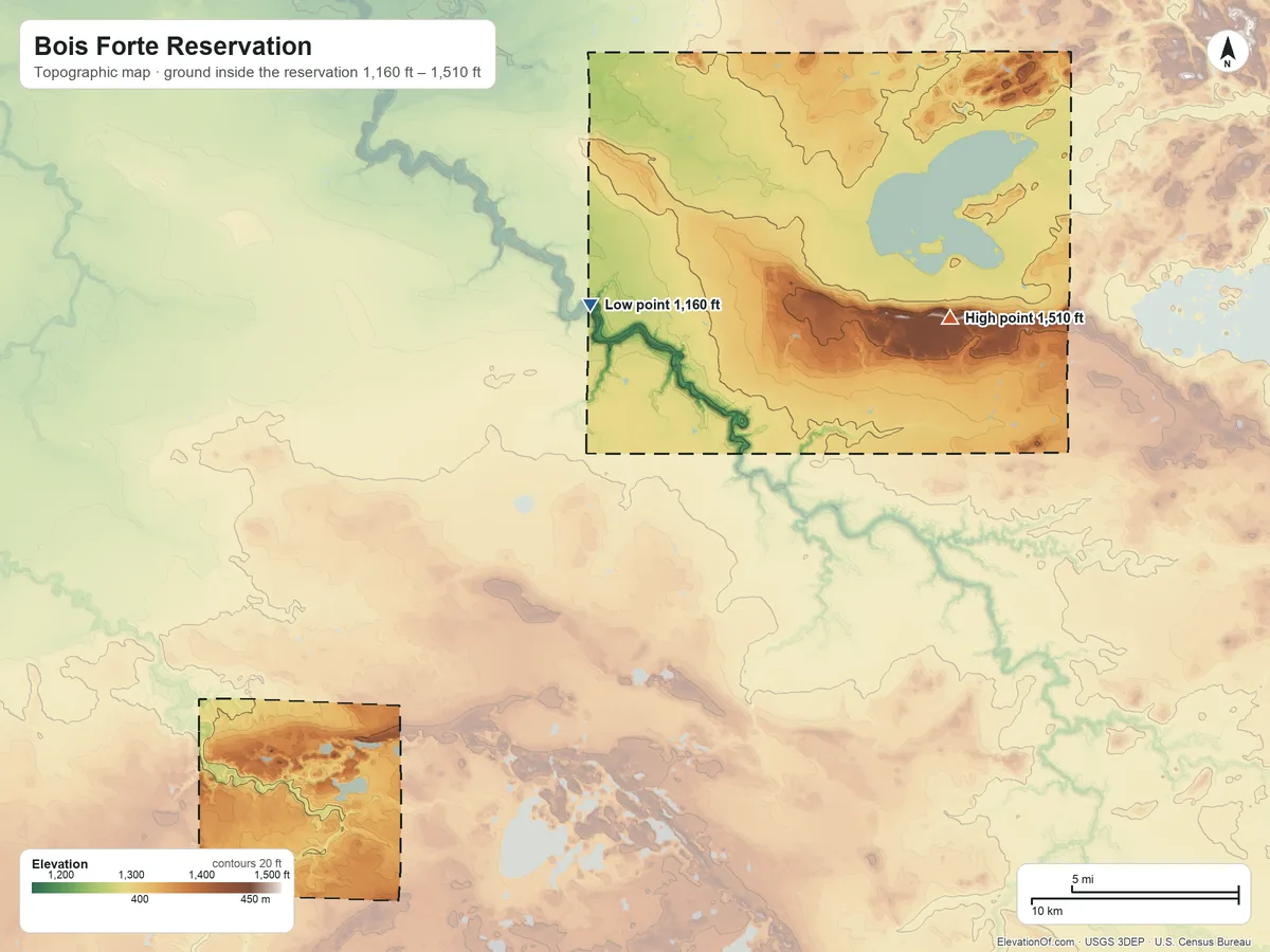 Topographic elevation map of Bois Forte Reservation, Minnesota, shaded from 1,160 ft on the north side to 1,510 ft on the northeast side