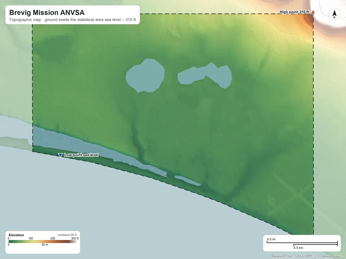 Topographic elevation map of Brevig Mission ANVSA, Alaska, shaded from sea level on the Port Clarence to 310 ft on the northeast side