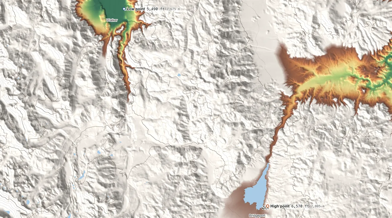 Topographic elevation map of Bridgeport Reservation, California, shaded from 5,490 ft on the northwest side to 6,570 ft on the southeast side
