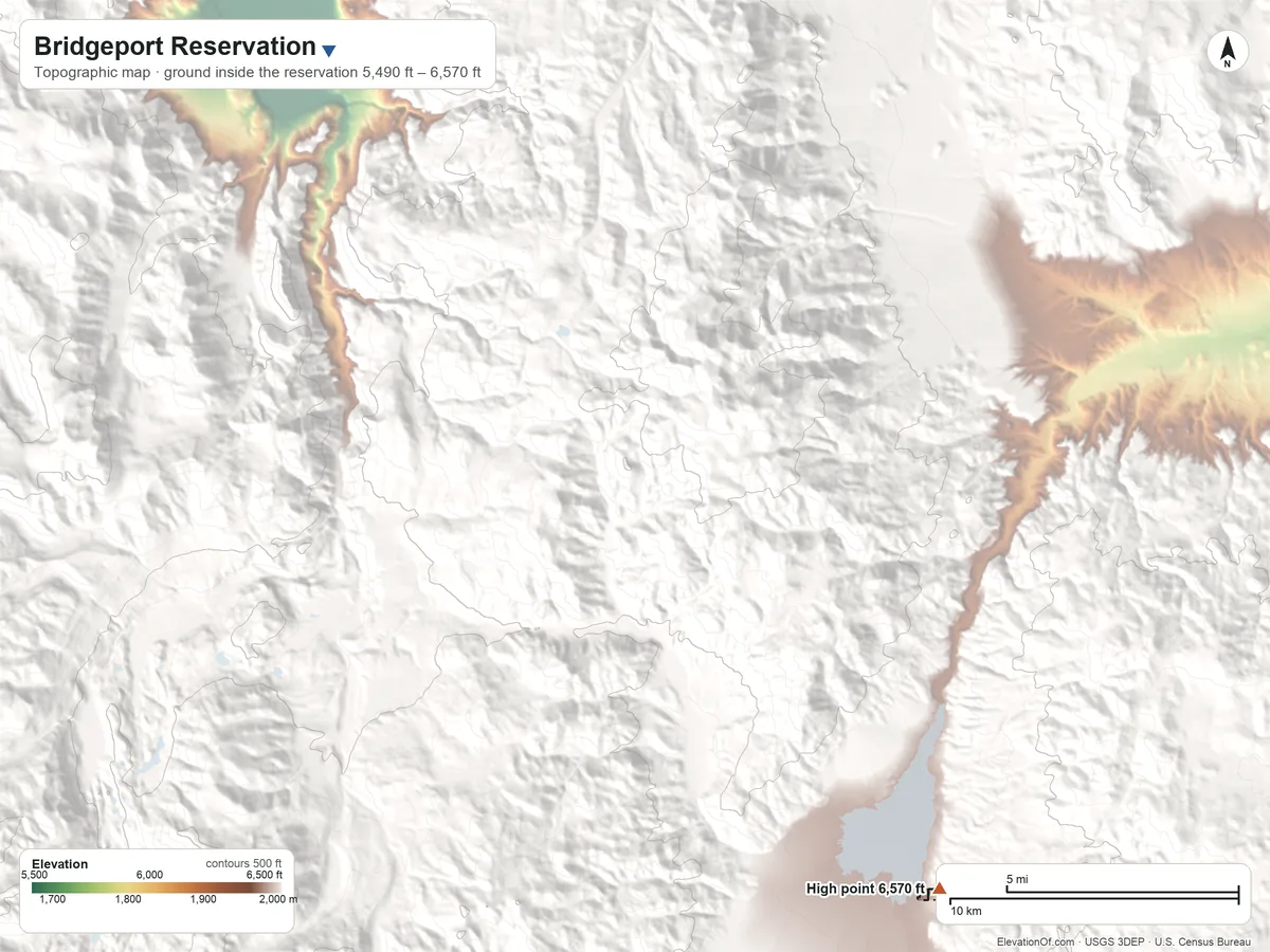 Topographic elevation map of Bridgeport Reservation, California, shaded from 5,490 ft on the northwest side to 6,570 ft on the southeast side