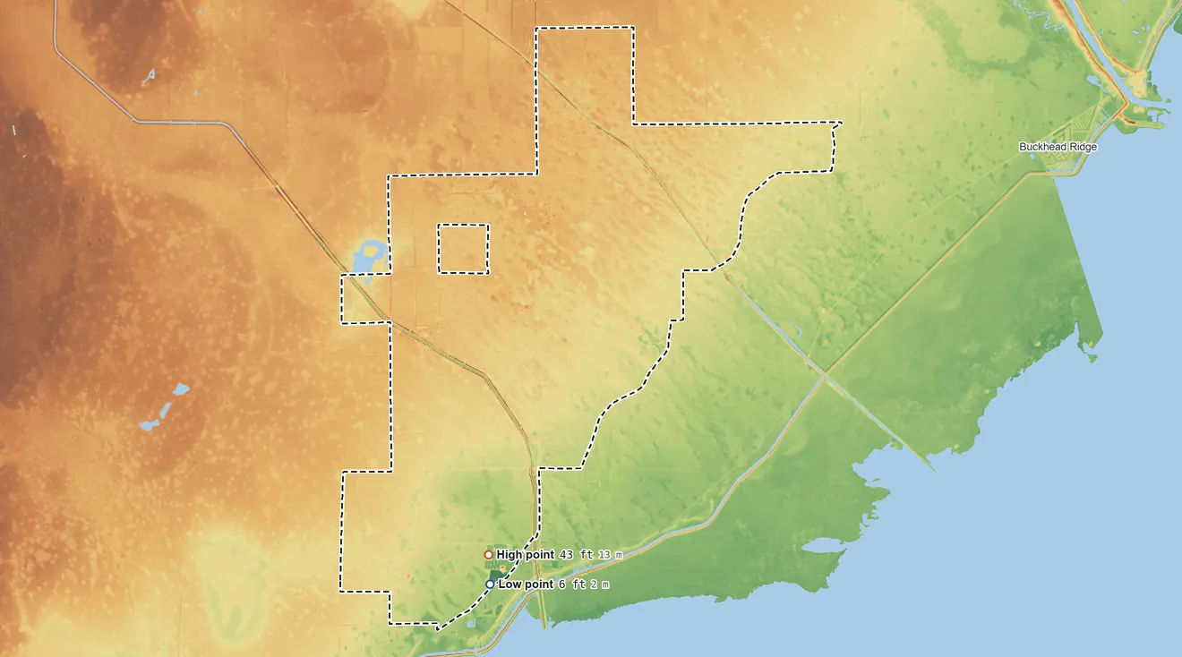 Topographic elevation map of Brighton Reservation, Florida, shaded from 6 ft on the south side to 43 ft on the southwest side