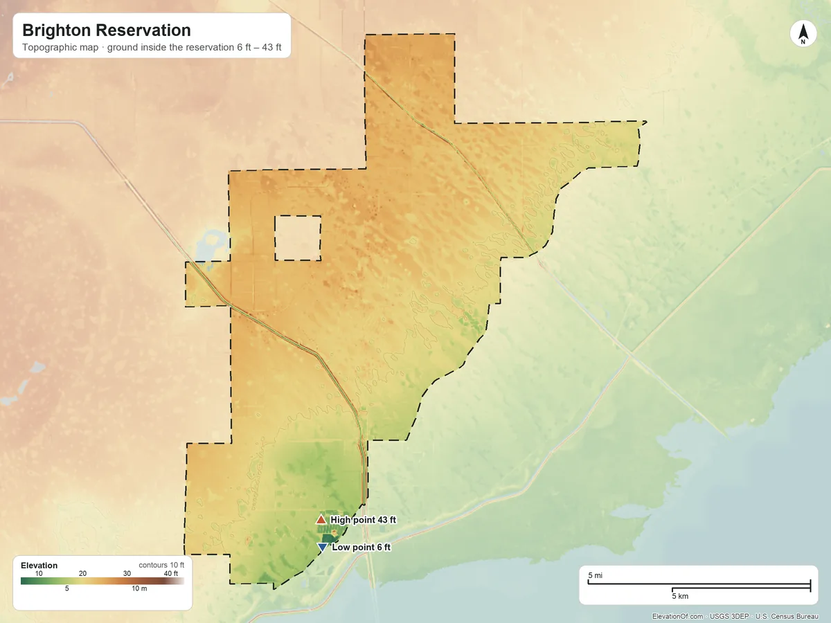 Topographic elevation map of Brighton Reservation, Florida, shaded from 6 ft on the south side to 43 ft on the southwest side
