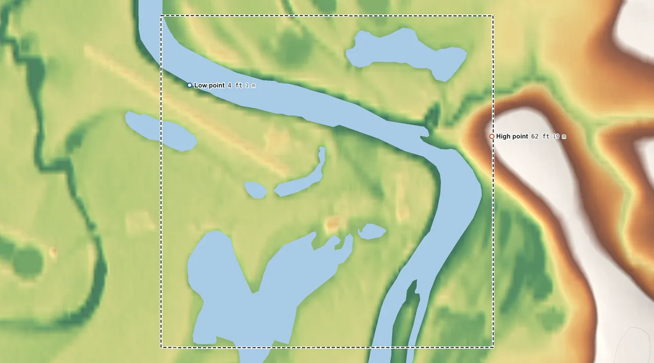 Topographic elevation map of Buckland ANVSA, Alaska, shaded from 4 ft on the northwest side to 62 ft on the east side