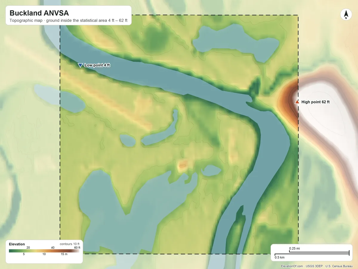 Topographic elevation map of Buckland ANVSA, Alaska, shaded from 4 ft on the northwest side to 62 ft on the east side
