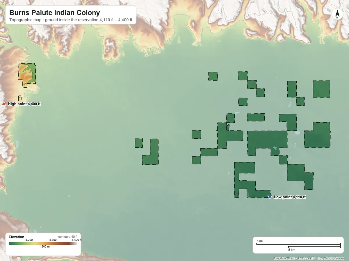 Topographic elevation map of Burns Paiute Indian Colony, Oregon, shaded from 4,110 ft on the southeast side to 4,400 ft on the west side