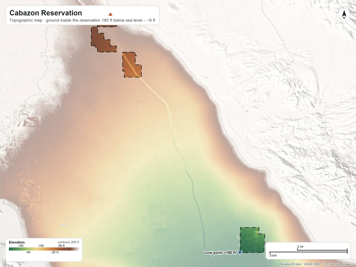 Topographic elevation map of Cabazon Reservation, California, shaded from 180 ft below sea level on the southeast side to −6 ft on the northwest side