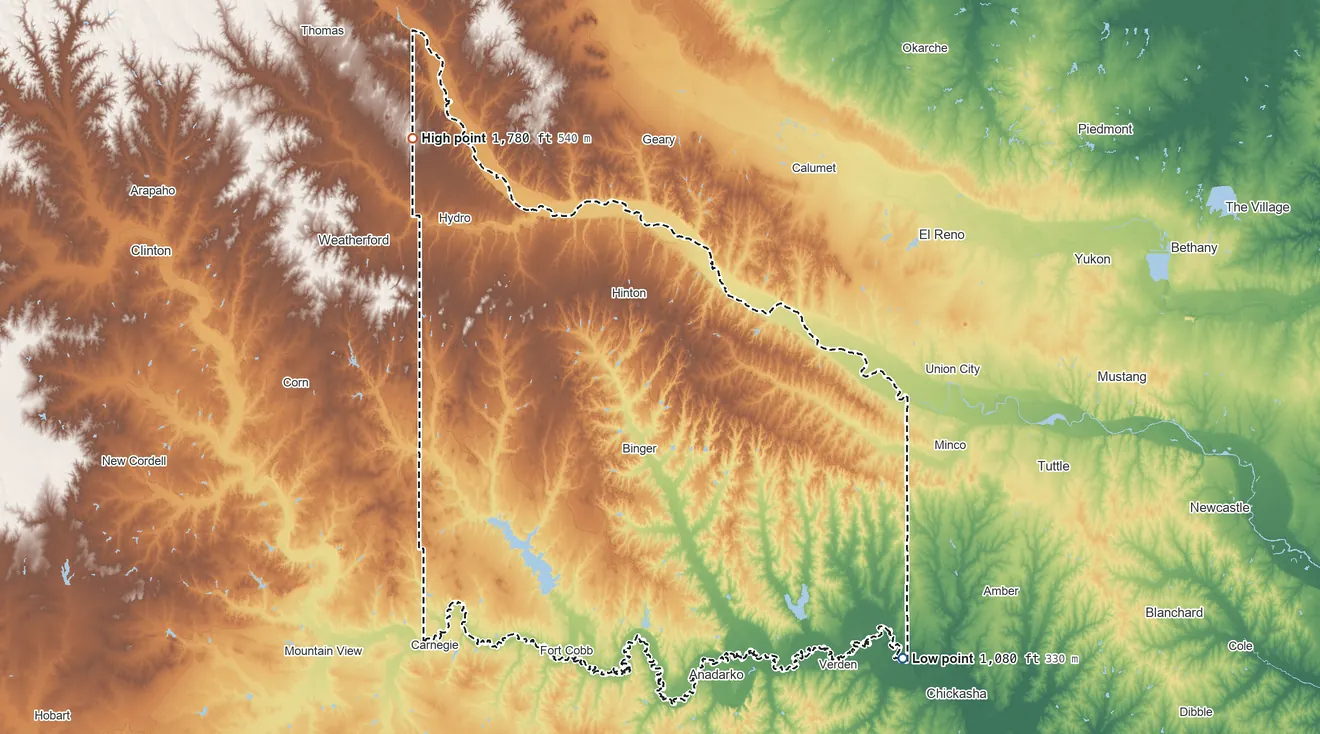 Topographic elevation map of Caddo-Wichita-Delaware OTSA, Oklahoma, shaded from 1,080 ft on the southeast side to 1,780 ft on the northwest side