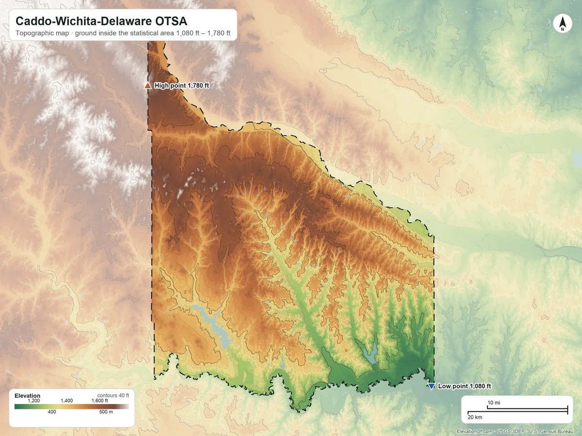 Topographic elevation map of Caddo-Wichita-Delaware OTSA, Oklahoma, shaded from 1,080 ft on the southeast side to 1,780 ft on the northwest side