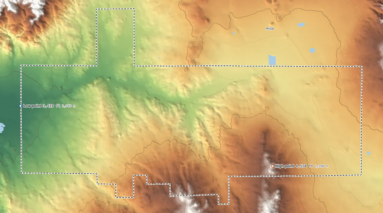 Topographic elevation map of Cahuilla Reservation, California, shaded from 3,410 ft on the west side to 4,570 ft on the southeast side