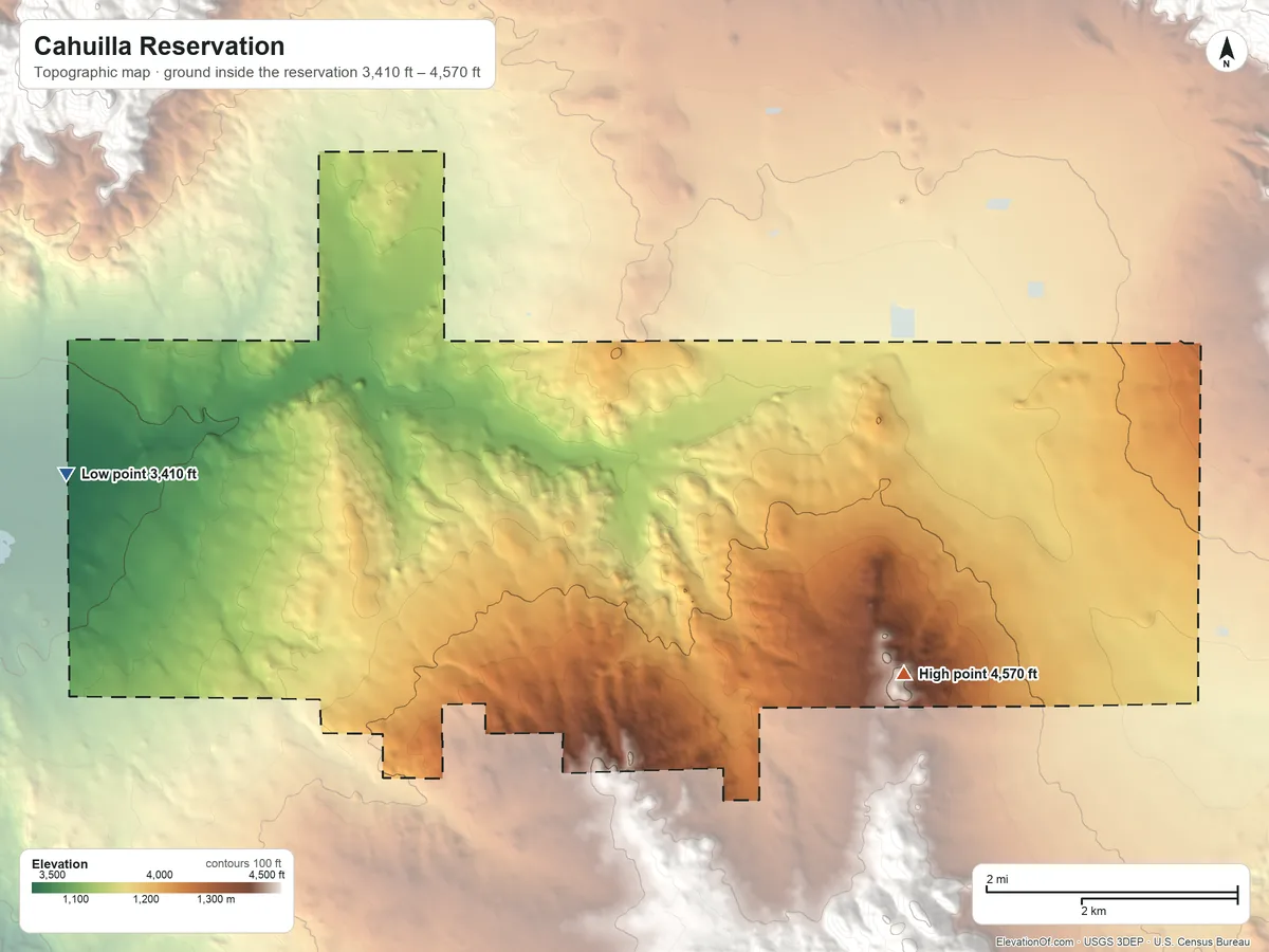 Topographic elevation map of Cahuilla Reservation, California, shaded from 3,410 ft on the west side to 4,570 ft on the southeast side
