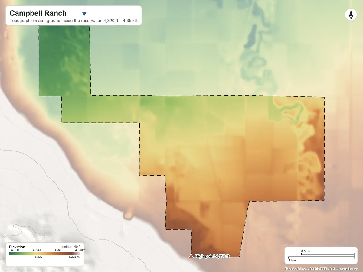 Topographic elevation map of Campbell Ranch, Nevada, shaded from 4,320 ft on the northwest side to 4,350 ft on the south side