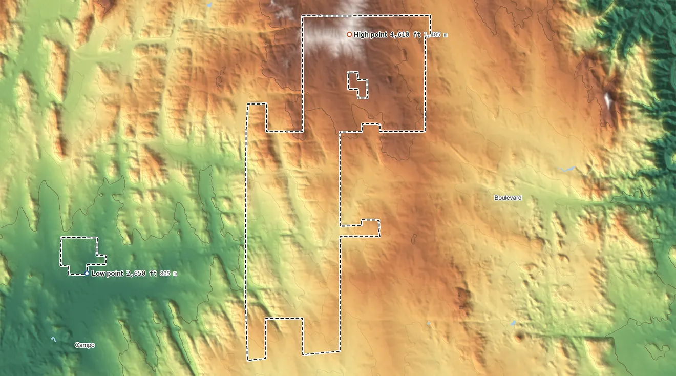 Topographic elevation map of Campo Indian Reservation, California, shaded from 2,650 ft on the west side to 4,610 ft on the north side