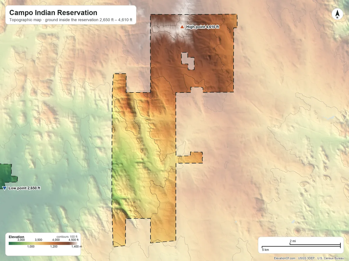 Topographic elevation map of Campo Indian Reservation, California, shaded from 2,650 ft on the west side to 4,610 ft on the north side