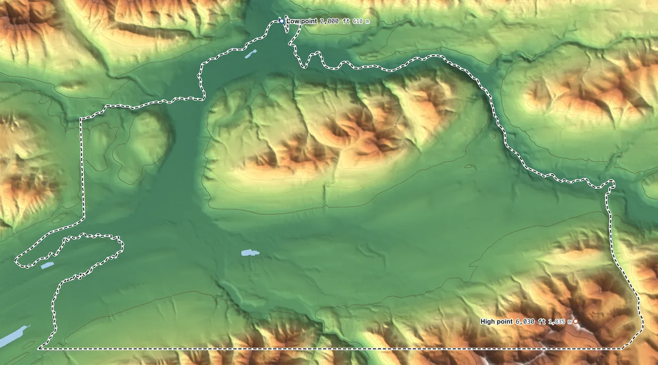 Topographic elevation map of Cantwell ANVSA, Alaska, shaded from 2,000 ft on the north side to 6,030 ft on the southeast side