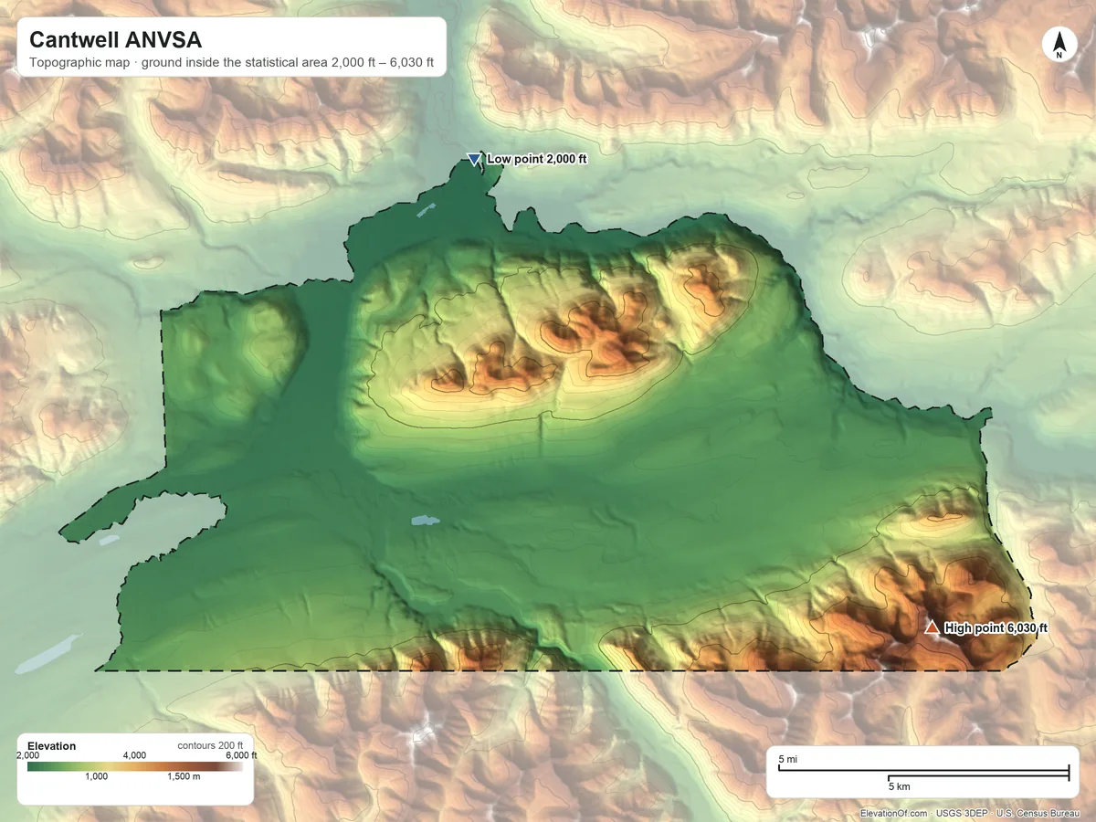 Topographic elevation map of Cantwell ANVSA, Alaska, shaded from 2,000 ft on the north side to 6,030 ft on the southeast side