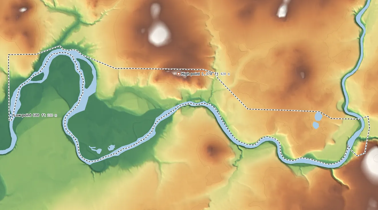 Topographic elevation map of Canyon Village ANVSA, Alaska, shaded from 600 ft on the west side to 1,370 ft near the middle