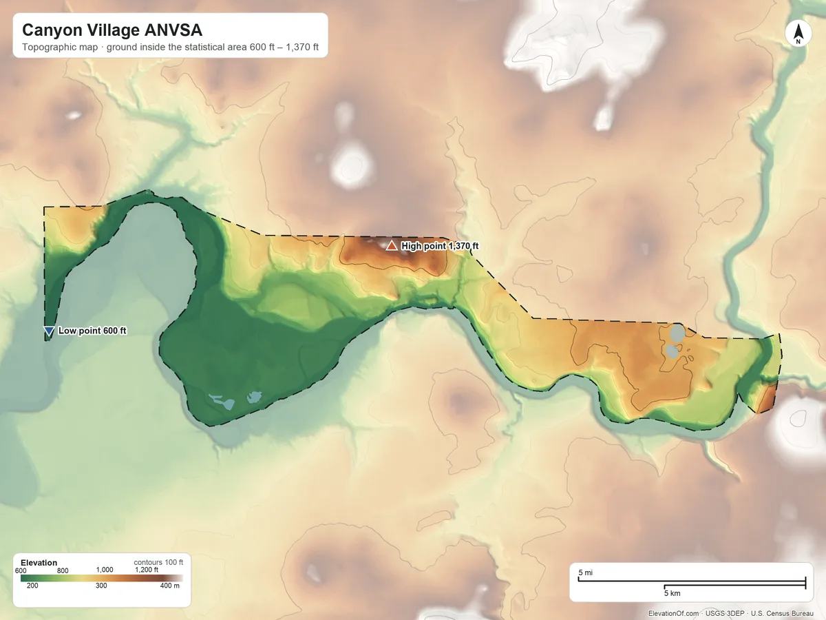Topographic elevation map of Canyon Village ANVSA, Alaska, shaded from 600 ft on the west side to 1,370 ft near the middle